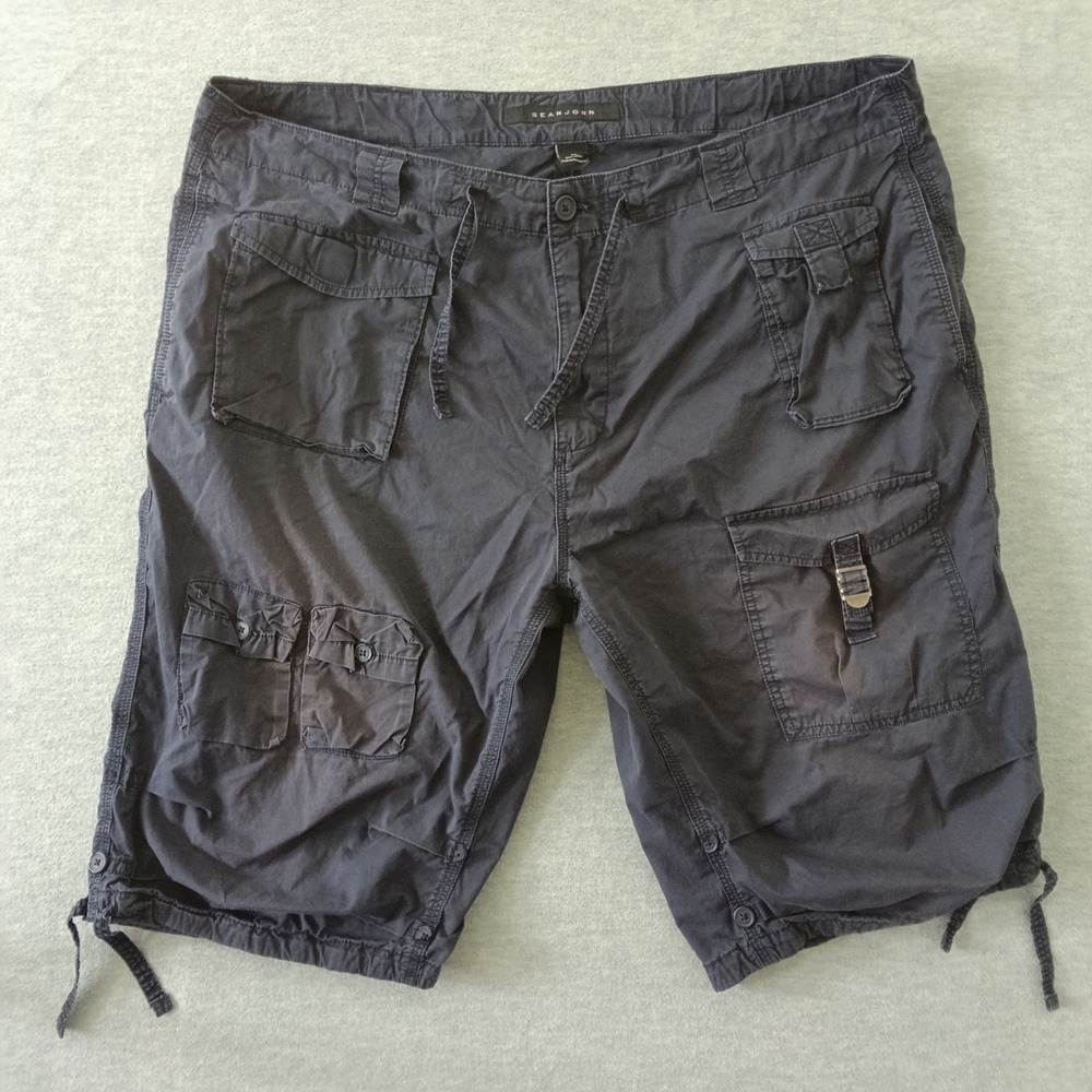 Sean John Mens Black Cotton Multi Pocket Cargo Shorts Size 42 Adjustable Cuffs